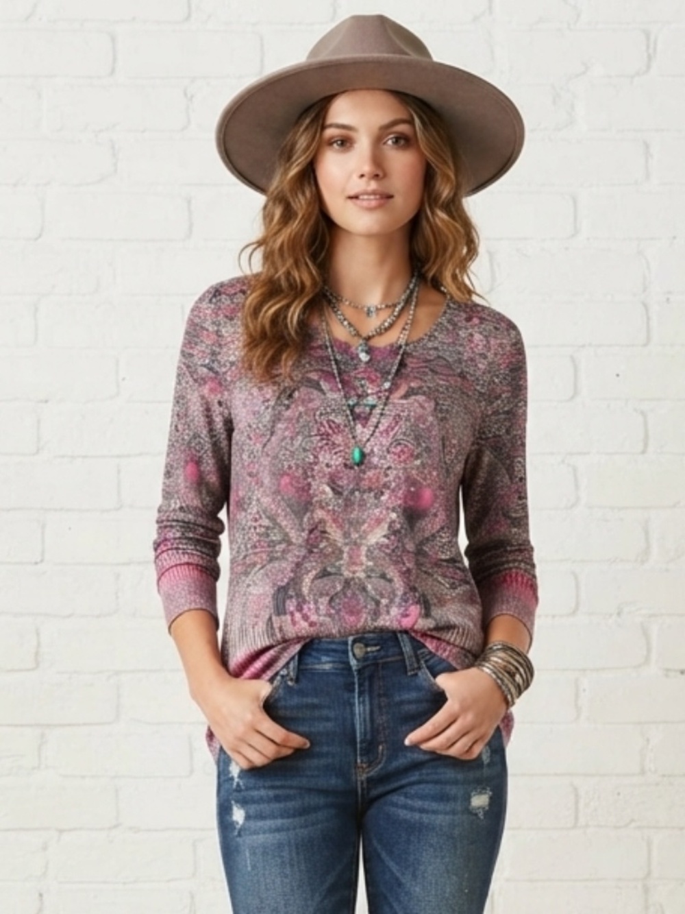 Boho Whimsical Artistic Paisley Embellished Knit Top XL